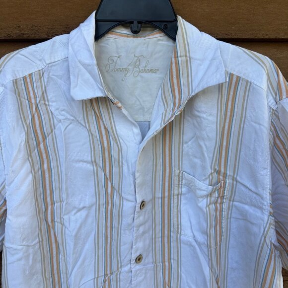Vintage Tommy Bahama Yellow Pin Striped Silk Button Down Shirt Size XL - Picture 2 of 14